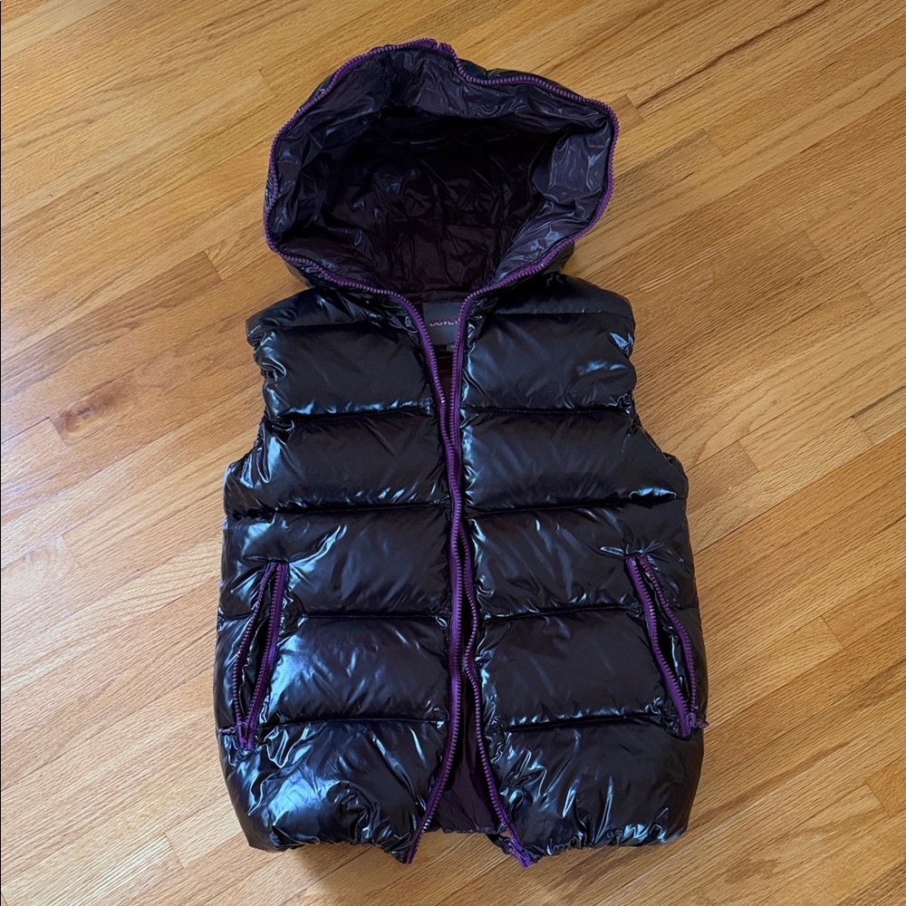 Duvetica Shiny Black Quilted Hooded Puffer Vest with Purple Trim